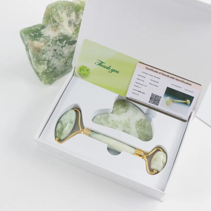 Private Label genuine natural nephrite facial green jade face roller and gua sha massager