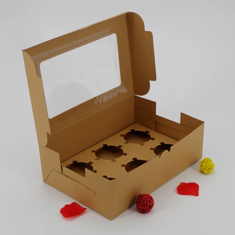 Factory Price Small Quantity Kraft Paper With Clear Window Flat Shipping Box for 6 pcs Cupcake Doughnut Box