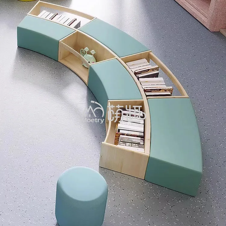 Moetry Wooden Curved Reading Bench School Bookshelf Modern Library Bookcase For Children Youth Library Literacy Center