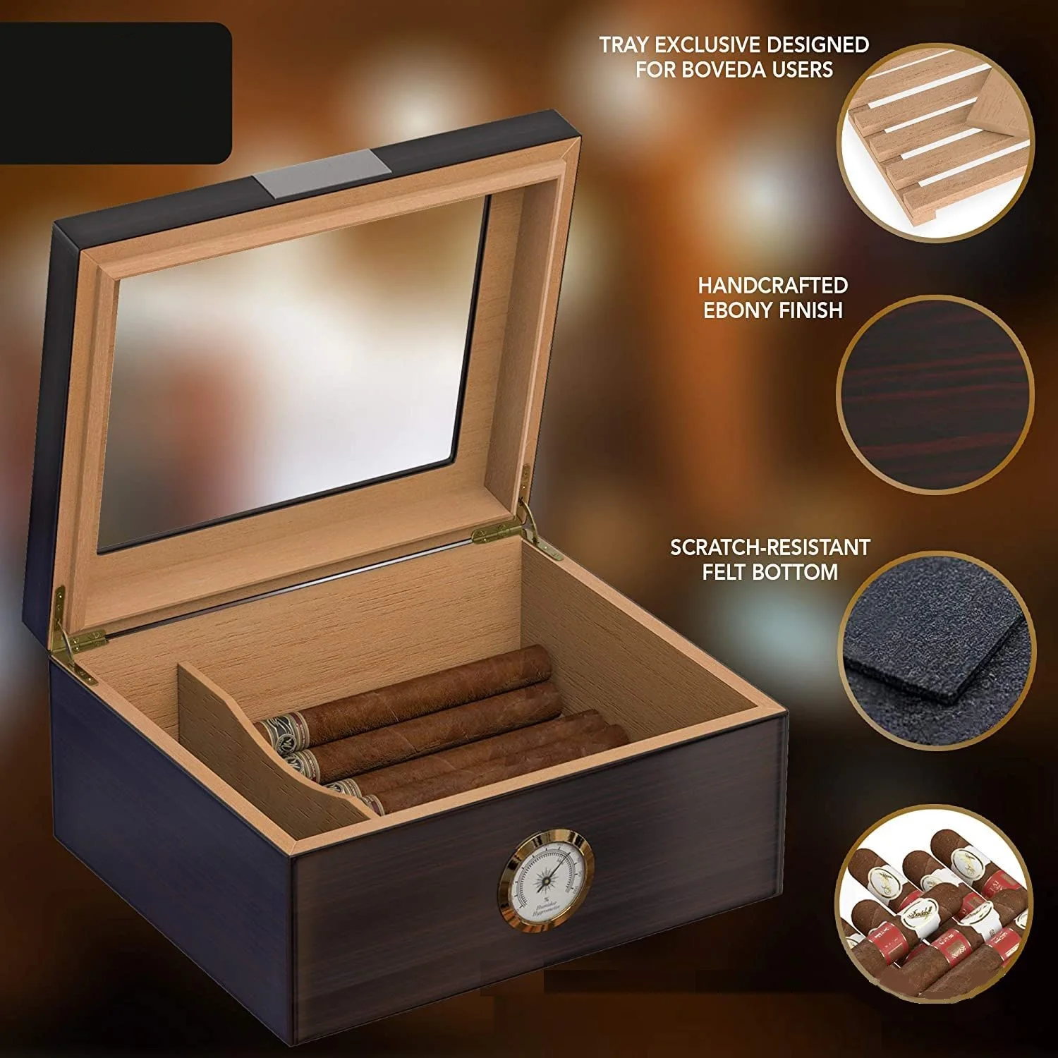 Glossy Wooden Cigar Humidor Large Capacity for 25-50 cigars Cigar Travel Case with hygrometer