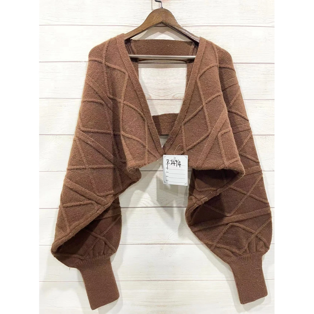 Women Korean Chunky Knitting Ease Wear Shrug Top Open Front Cable Knit Bolero Loose Sleeve Backless Crop  Shawl Sweater Outer