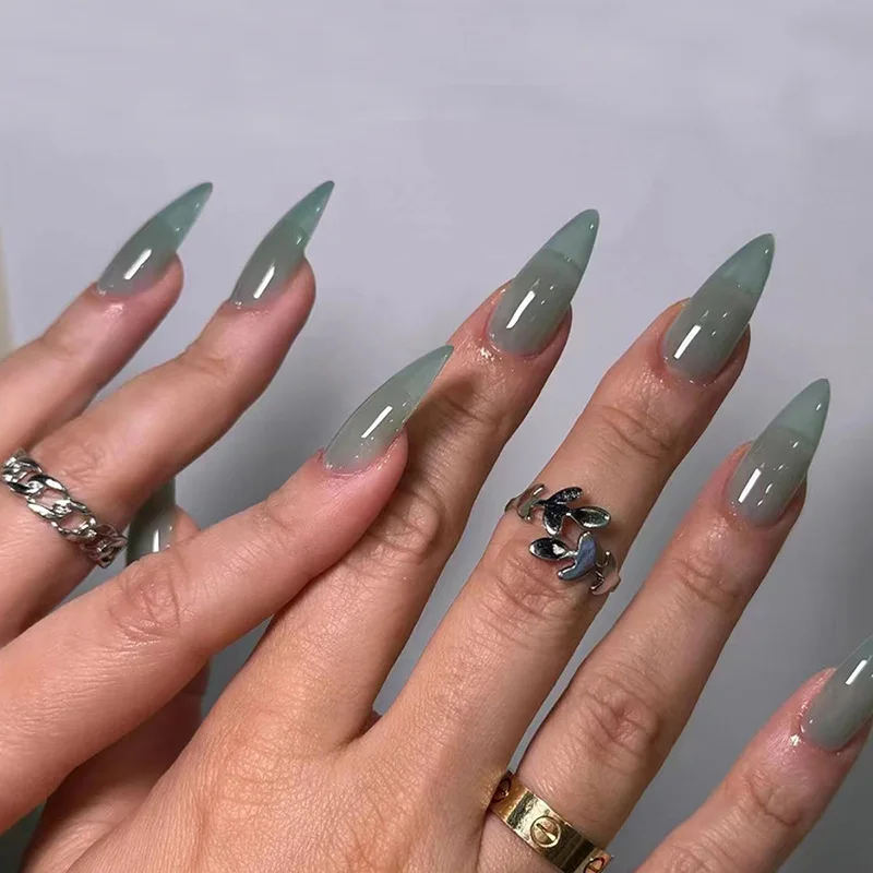 Pure color false nails  jade green removable nail art piece simple  style false nails