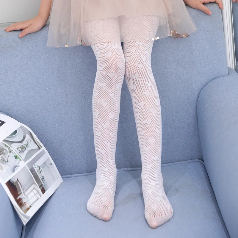 High Elastic Fashion Summer Thin Girls Stockings Black White Heart Mesh Long Tights Ballet Stockings Pantyhose for Kids Dance