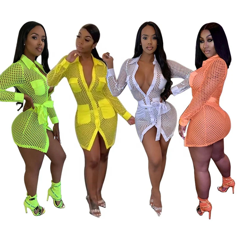 
Hot sale solid color long sleeve sexy transparent mesh dress for women 