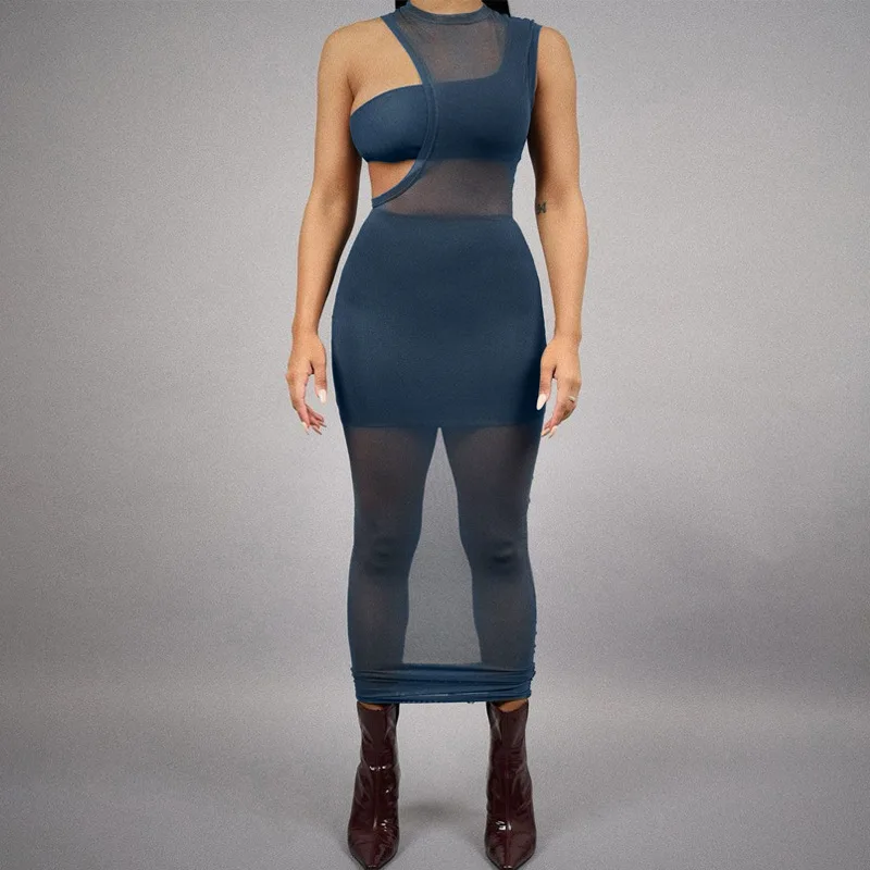 Matching sleeveless see through sexy bodycon dress casual summer casual dress mesh casual dresses