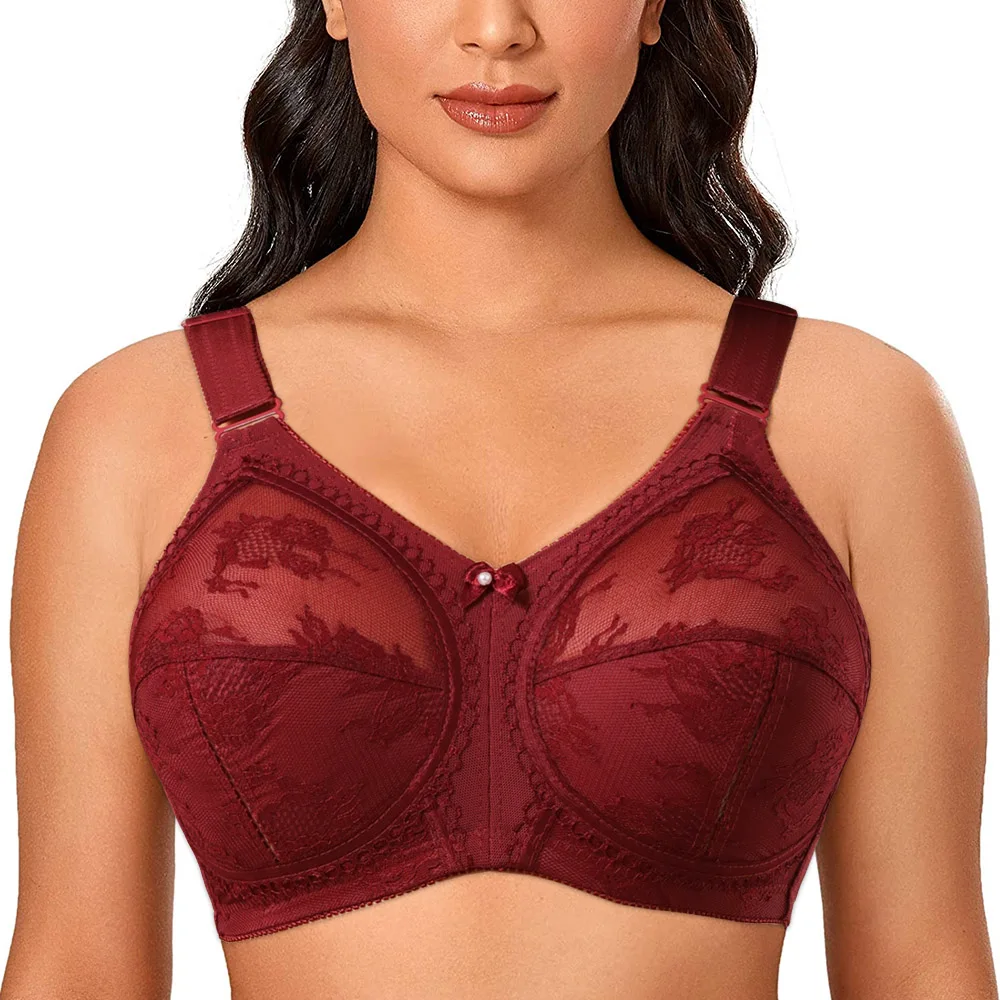 Women Unlined Full Coverage Ultra Thin Wireless Adjusted-straps D E F G H I White Big Minimizer Bras Plus Size Lace Bra