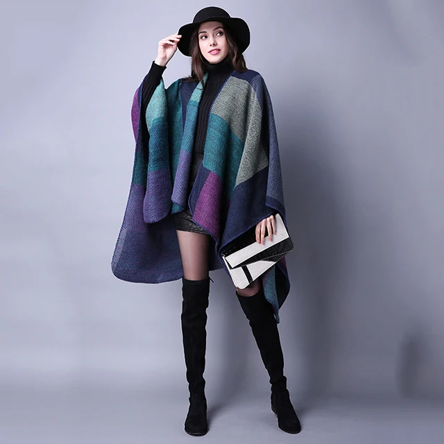 Женские контрастных цветов с отложным воротником, большие размеры кардиган пончо, плащ с капюшоном, открытые спереди и длинное зимнее пальто-свитер