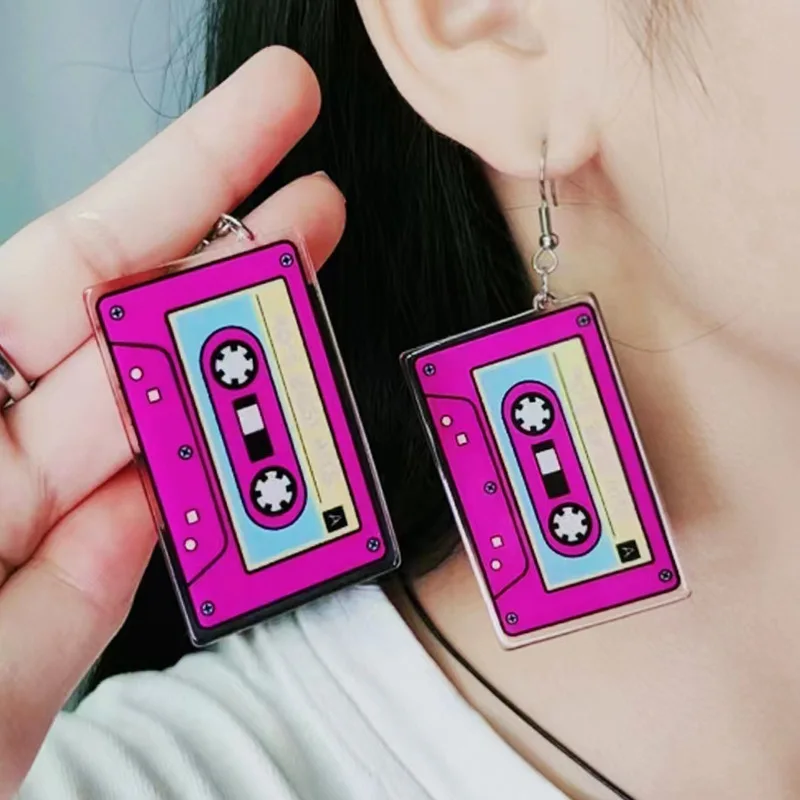 Cute Best of the 90s Letter Cassette Tape Acrylic Earrings for Women Vintage Record Square Tape Dangle Earring Funny Jewelry