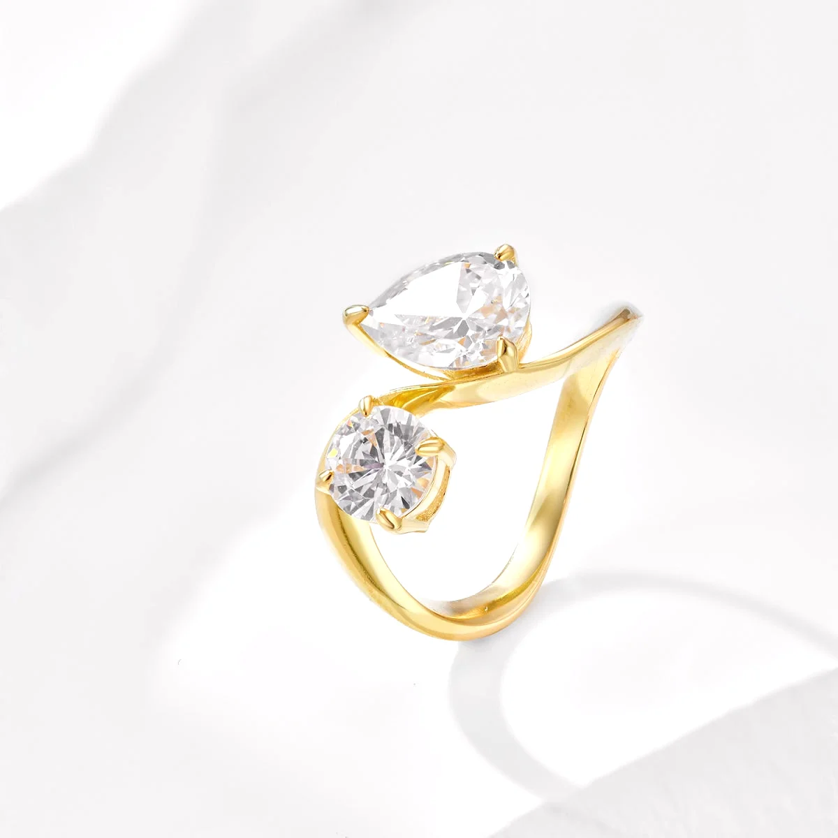 Solid S925 Silver 18K Gold Plated Curve Round & Pear Two Stone Engagement Ring