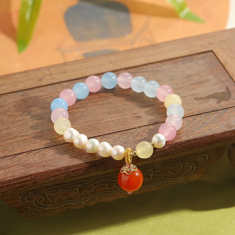 High Quality  Pink Beryl Natural Morganite Stone Bracelet Pearl Bangles For Women Men