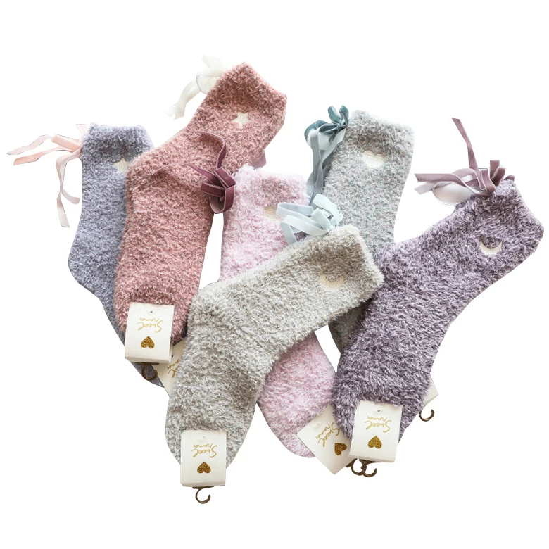 Winter Sweet Heart Embroidered Warm Thick Sleeping Soft Cozy Feather Yarn Floor Women Socks