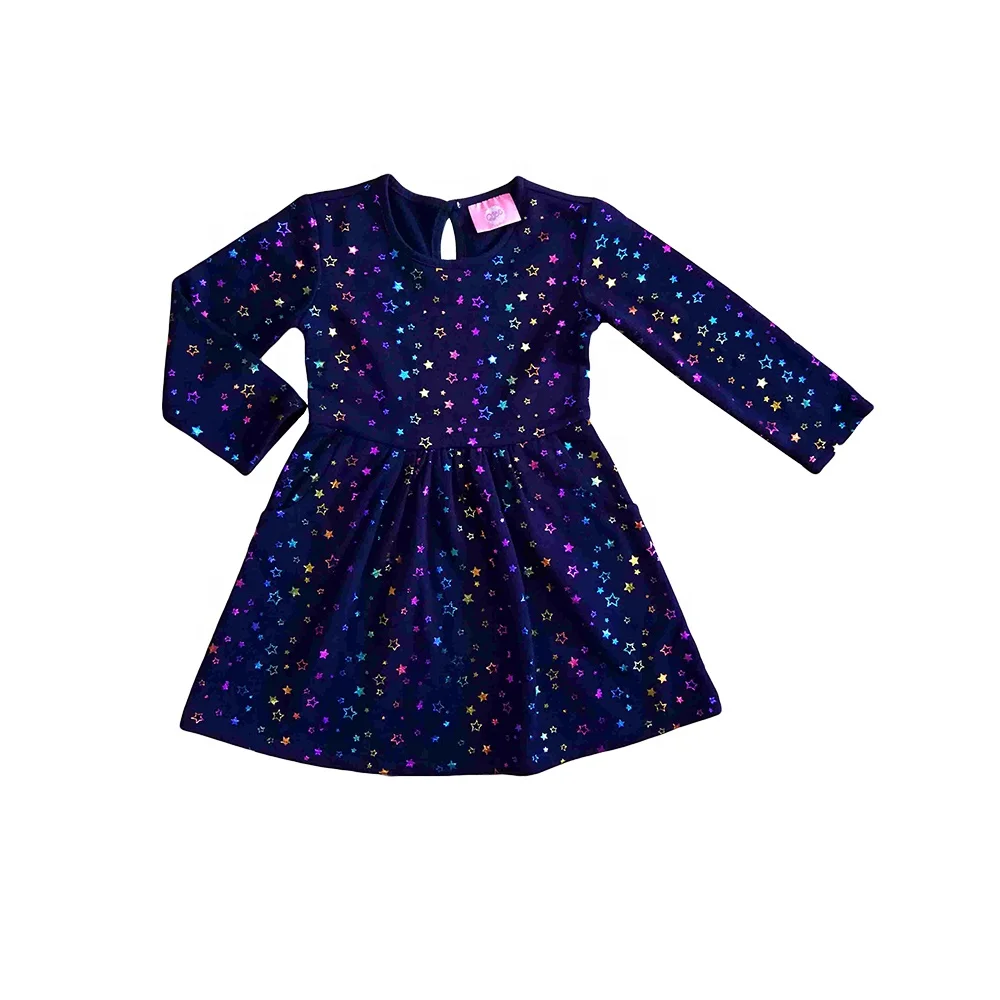 OEM Wholesale Long Sleeve Dress Toddler Girl Stars Print Sequined Baby Girl Dress