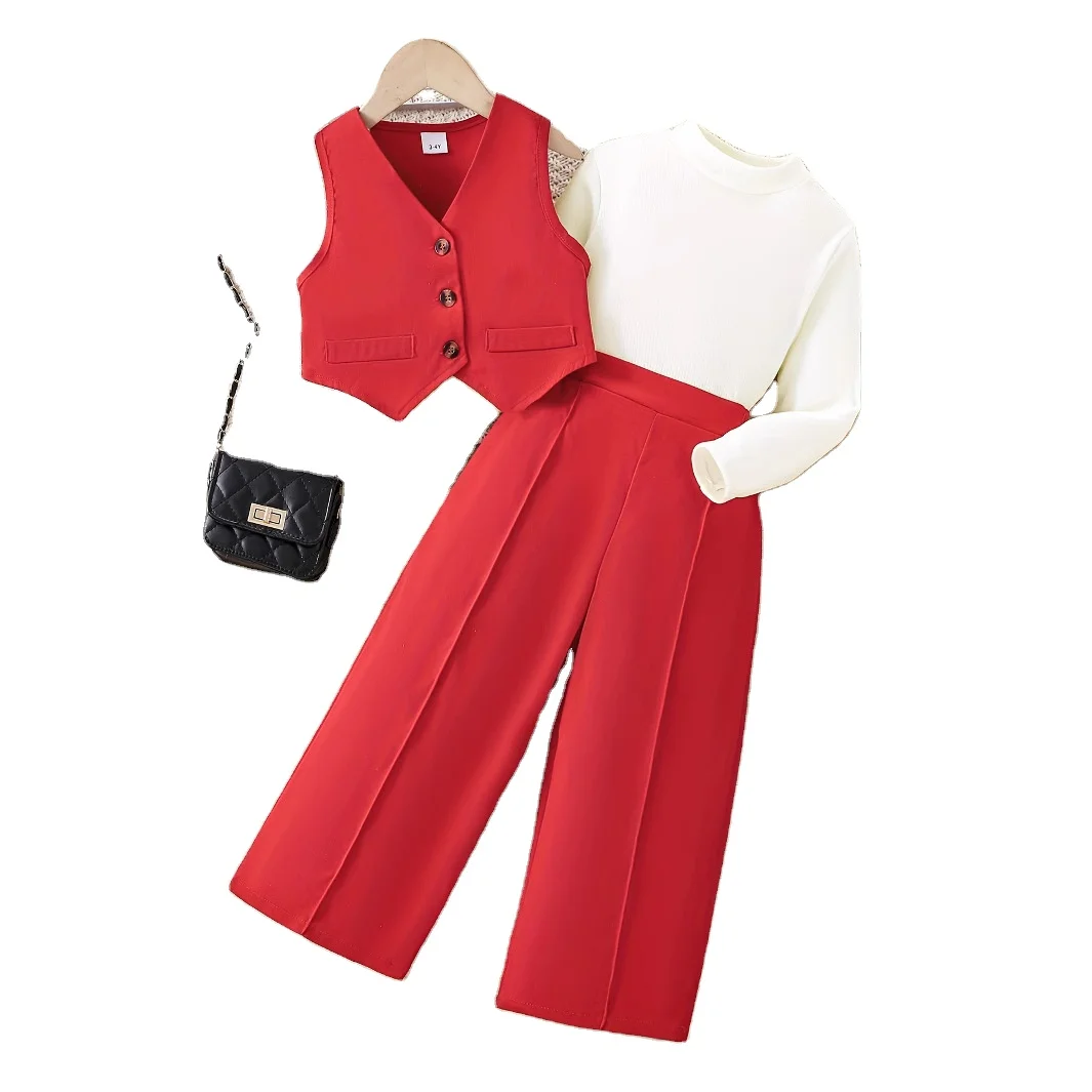 New fashion 3Pcs girls clothing sets solid long sleeve t-shirt +sleeveless vest suit + pants outfits for girls
