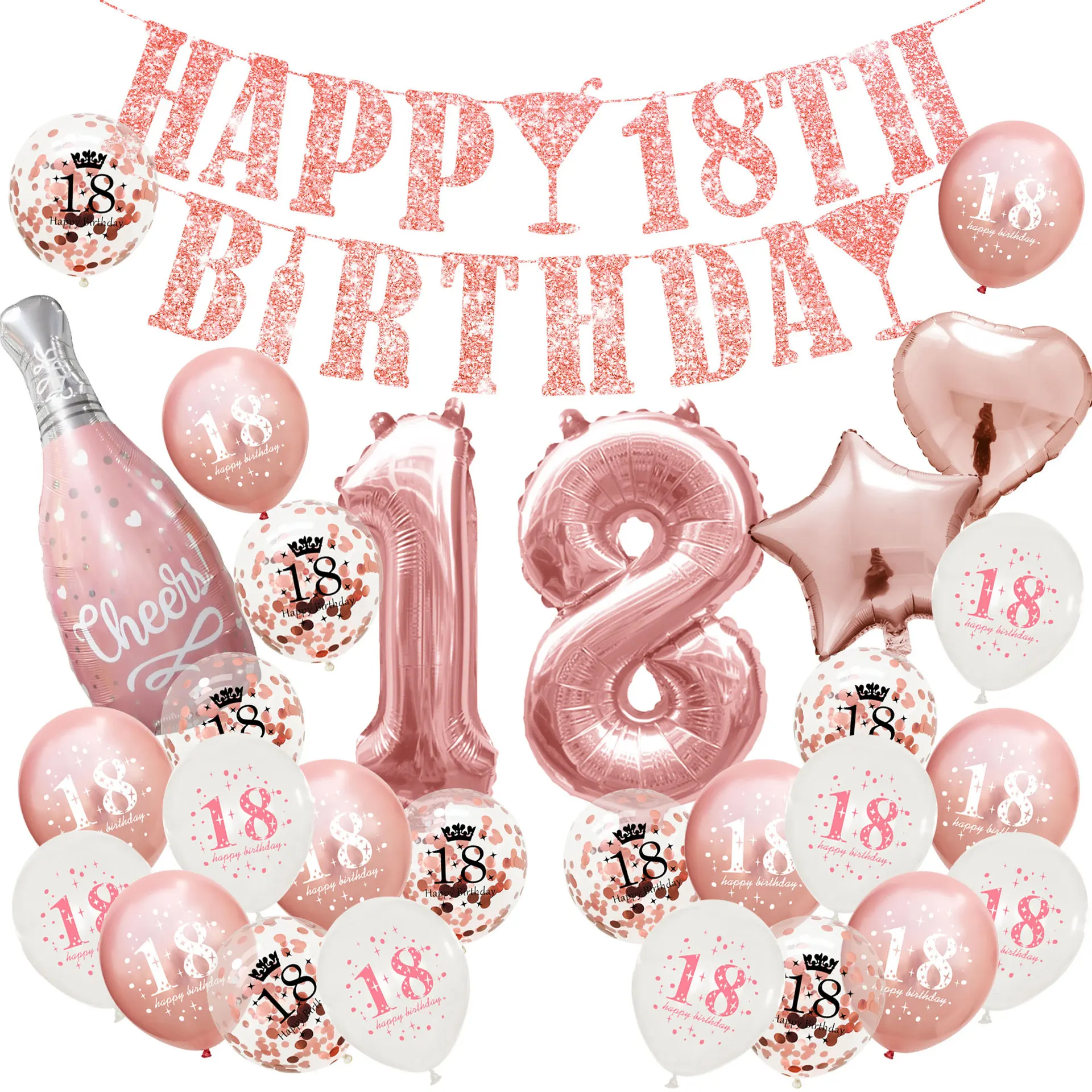 16th Birthday Party Decorations Heart Cake Topper  Birthday Sweet Rose gold Confetti Balloons 16th Birthday Party Supplies
