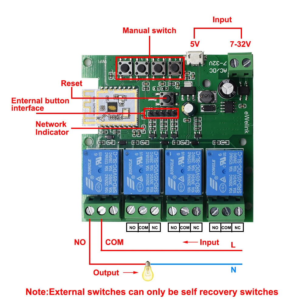 Wireless Smart Switch eWeLink 4CH Relay Module Mobile App Controller 12V 24V 7-32V Self-Locking Voice Control Wifi with Alexa