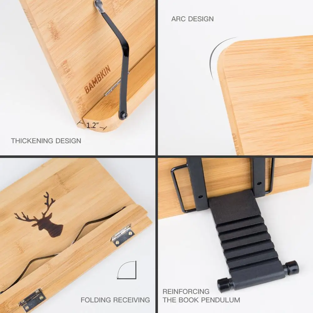 
Bamboo Book Stand Adjustable Portable Copyholder Foldable Reading Desk Cookbook Music Bookstand Holder with Vintage Antlers 