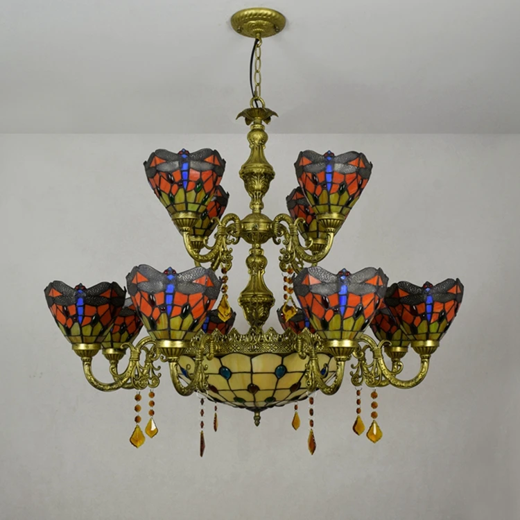 Tiffany red Dragonfly Chandelier Vintage Handmade Stained Glass Pendant Lamp Retro Multi-Head Chandelier for Living Room hall