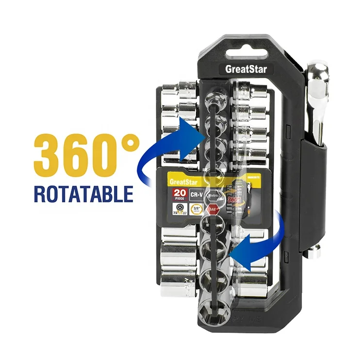 Fast Delivery High Quality CR-V Steel Socket Set 20PC Socket Set Mechanic Tool Set with Rotatable Frame (SAE & Metric)