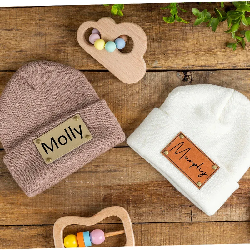 Personalized Leather Patch Beanies Name Baby skullies Knit Custom Hat Engraved ski cap Gift for Kids Infant Toddler
