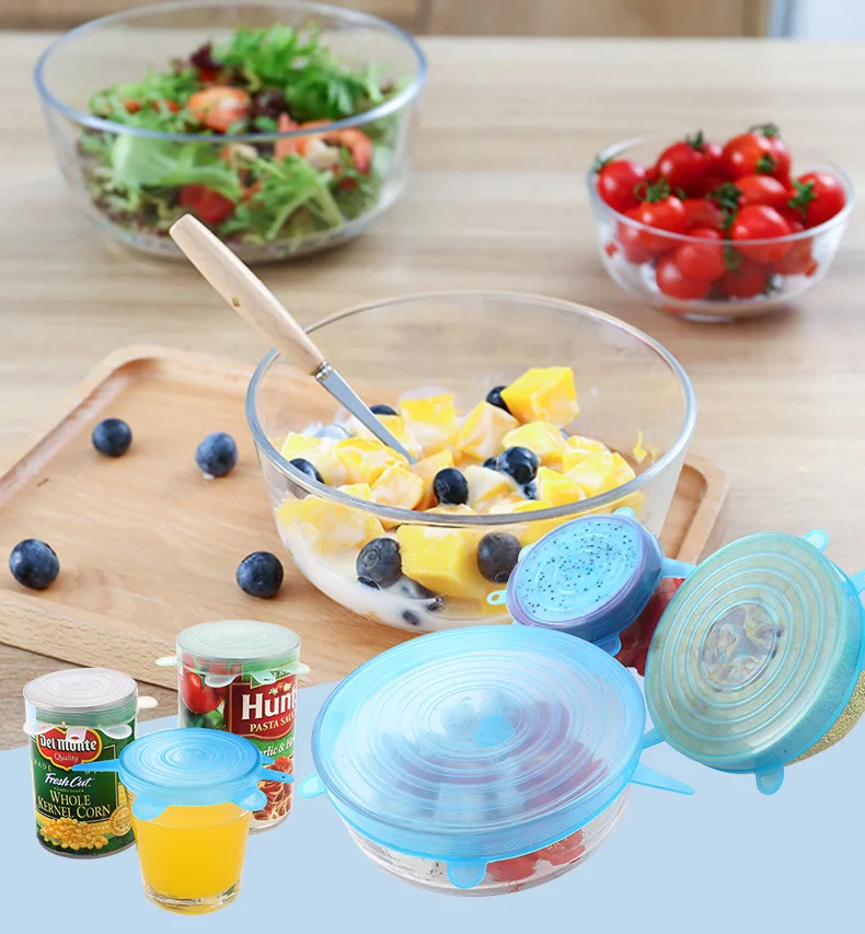 6 pack universal various sizes reusable durable expandable BPA Free flexible stretch silicone lid set for food cans,jars,bowls