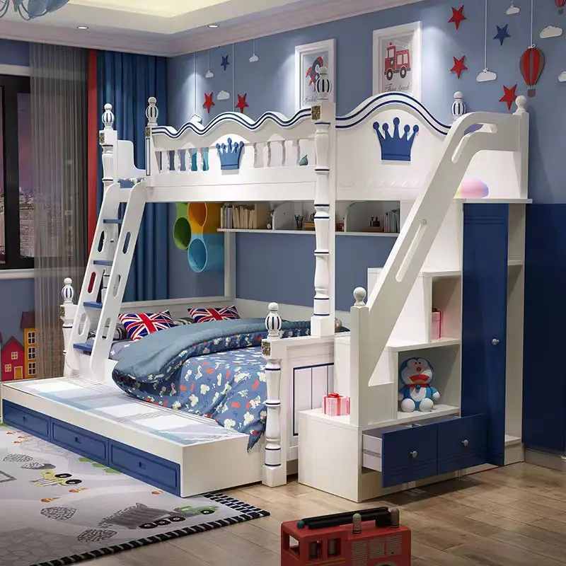 High quality child wooden kids bunk beds with slide wardrobe ladder cabinets children bunk beds double layer kids beds hot sell