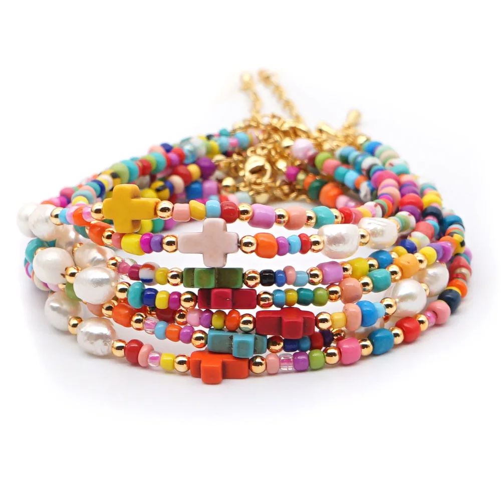Go2boho Freshwater Pearl Anklet Sets For Women Jewelry Boho Rainbow Beads Adjustable Clasp Colorful Beaded Anklets
