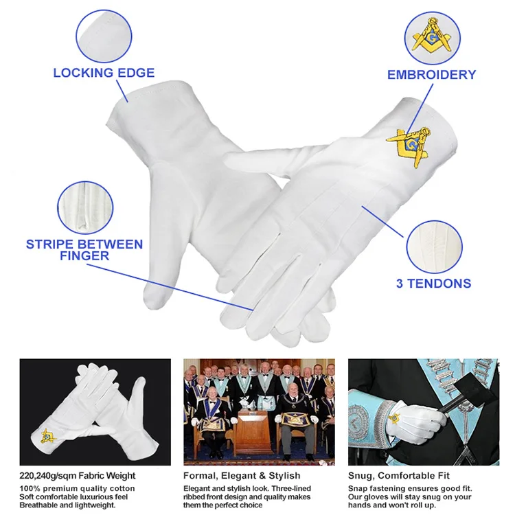 Women Men Stretch Masonic Freemasons Yellow Symbol 220 240g/sqm Thick 100% Cotton Embroidered White Gloves