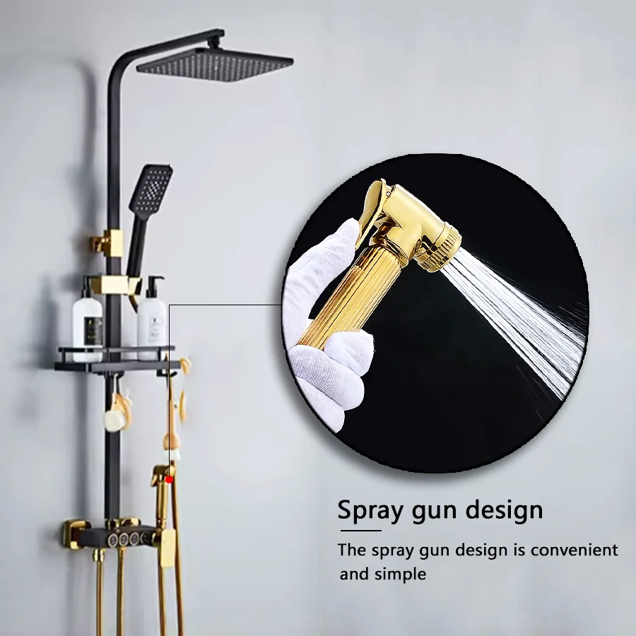 Kahnos Thermostatic Bathroom Shower System Black Gold Brass 4-Keys Bathtub Mixer Faucet Shower Set with Jet Rainfall Spray Panel