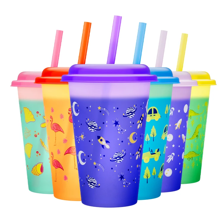 Customization OEM ODM Kids Cartoon Silk Screen Color Changing PP Plastic Cups With Lids And Straws