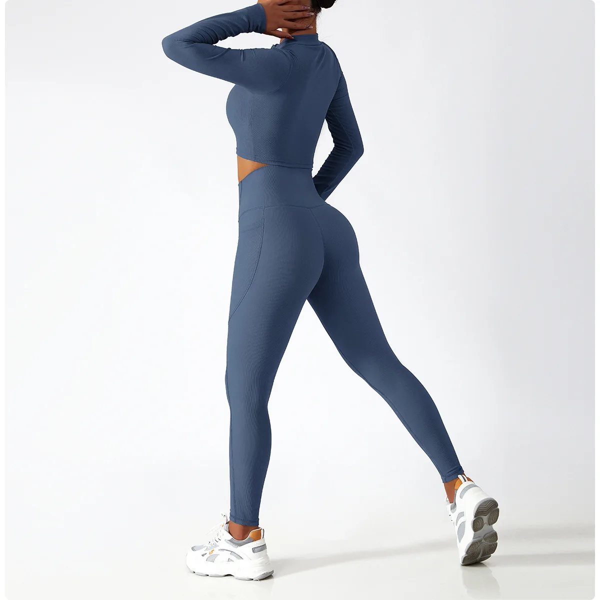 YHT NEW Zip Long Sleeve Yoga Set For Women Training Fitness Wear Tight Running Sports Workout Suit