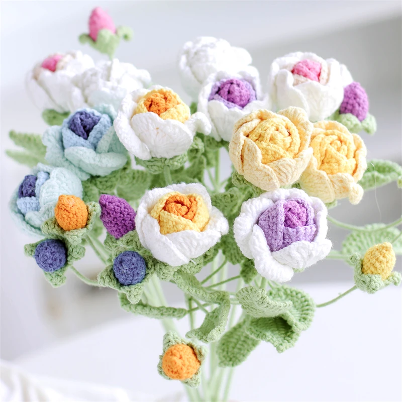 New Handmade Crochet Flower Bouquet Blooming Three Leaf Rose Multicolor Handmade Crochet Flowers