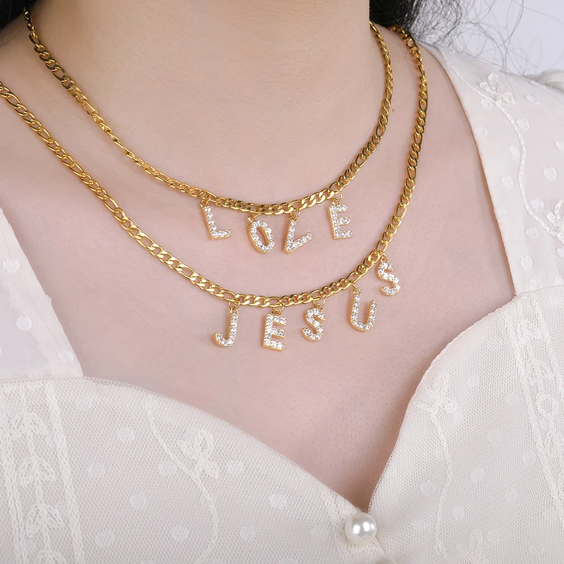 Fashion Gold Plated Stainless Steel Exquisite Diamond 26 Letter Initial Pendant Name Custom Necklace Personalized Jewelry Gift