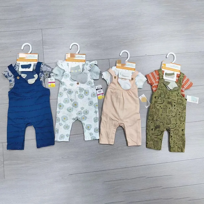 Children Summer Style Short Sleeve Suspender Romper Socks 3 Pcs Set Hot Sale 0-18months Toddler Kids 3 In 1 Clothes Set
