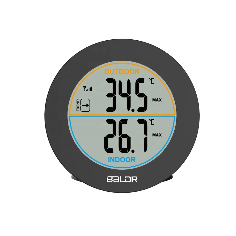 BALDR B0127 Digital Indoor Outdoor Wireless Wall Thermometer Temperature Gauge with Outdoor Sensor Max Min Records Humidity