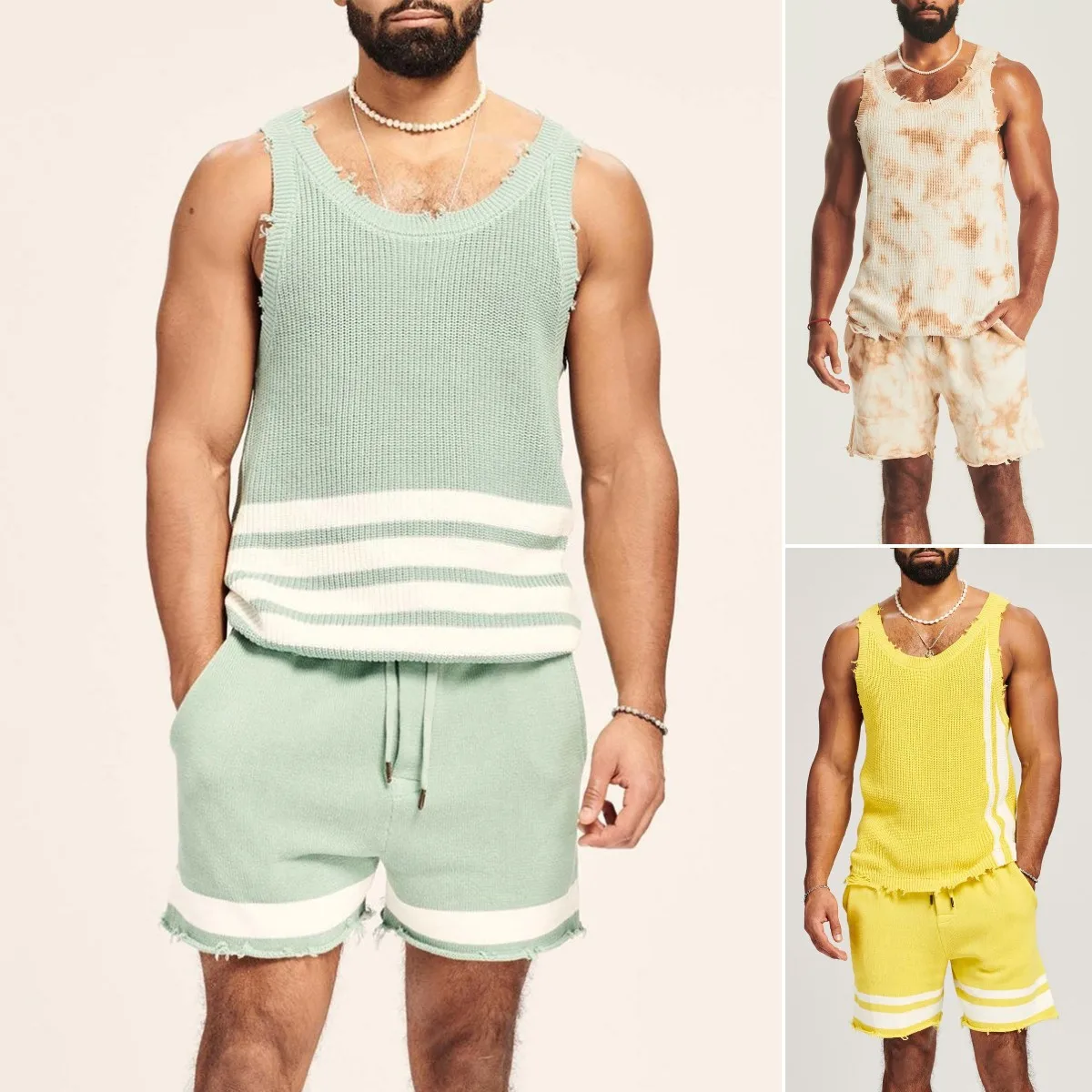Hot 2024 Custom Logo Knitted Vest Shorts Two Piece Tracksuit Plus Size 5XL Mens Sleeveless Summer Sweatshirts Set