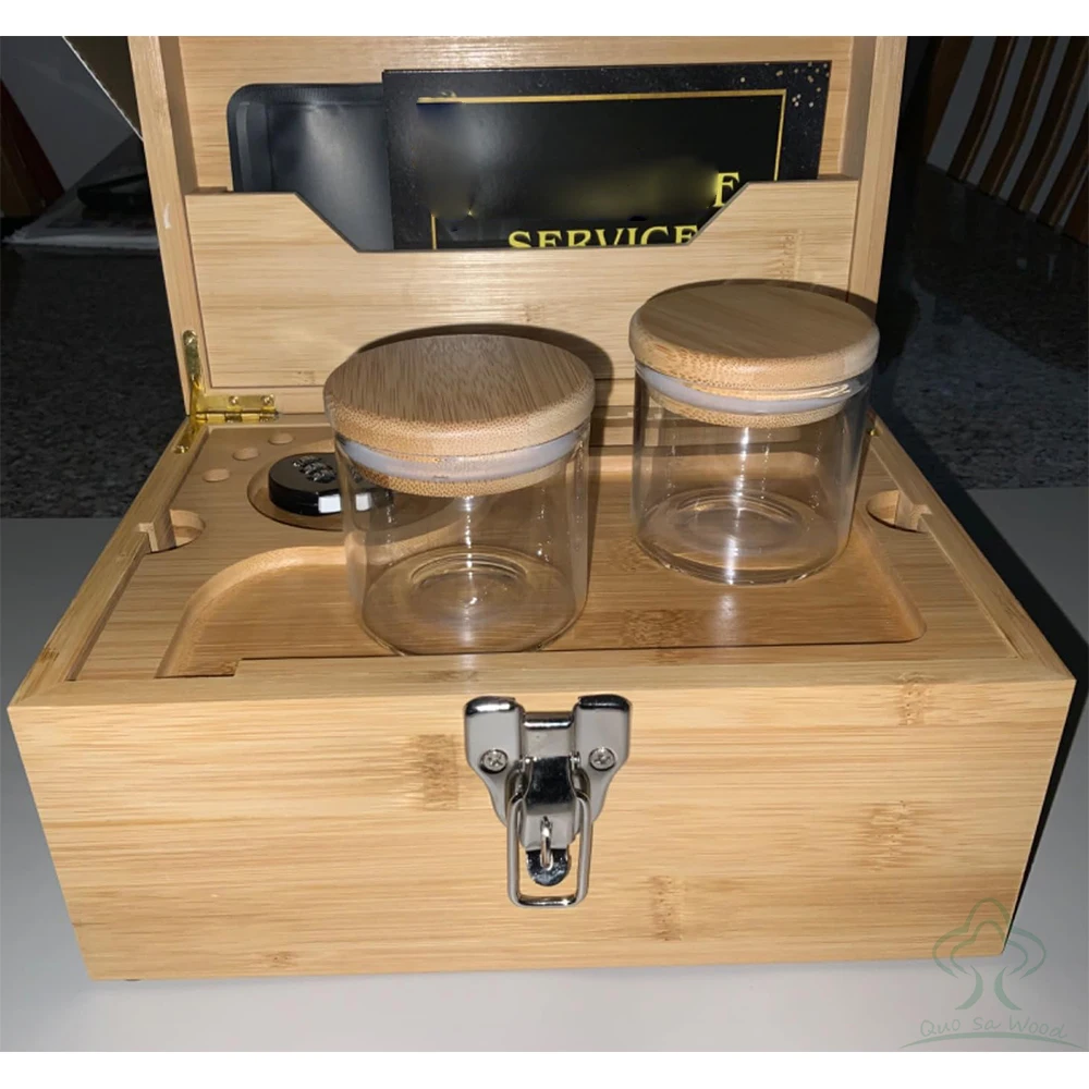 Large Bamboo Wooden Box Tray Set, Locking Storage Decorative Box for Home with Combination Lock, Rolling Tray Stash Box