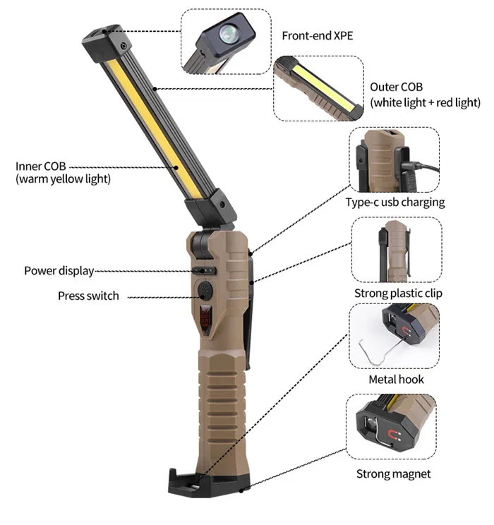 COB LED Flashlight Portable Spotlight USB Rechargeable Work Light 7 Modes Magnetic Work Torch Emergency Inspection Lamp 10 Black