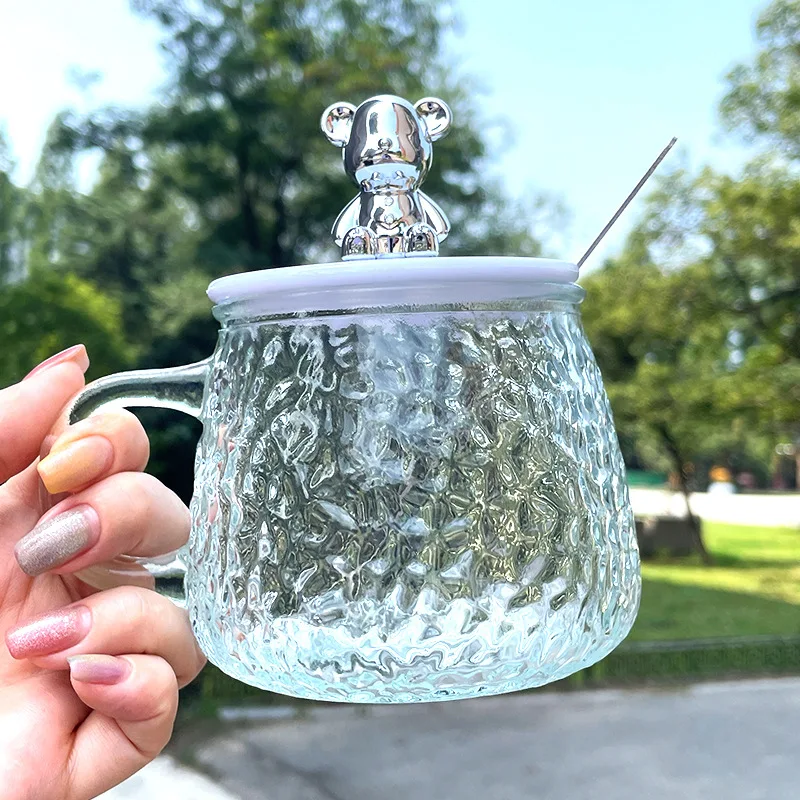 Best Price Cute Hammer Grain Glass Mugs Office Household Drink Water Cups Coffee Teacup with Bear Lid and Spoon