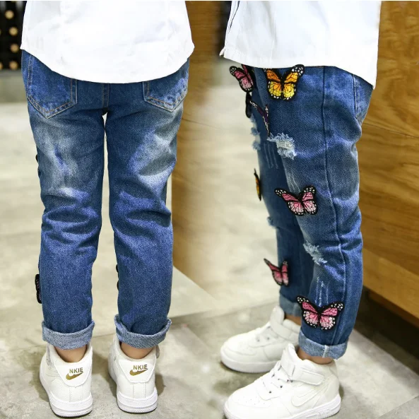 
New Design Girls Butterfly Denim Trousers Kids Fashion Washed Hole Jeans Pants 