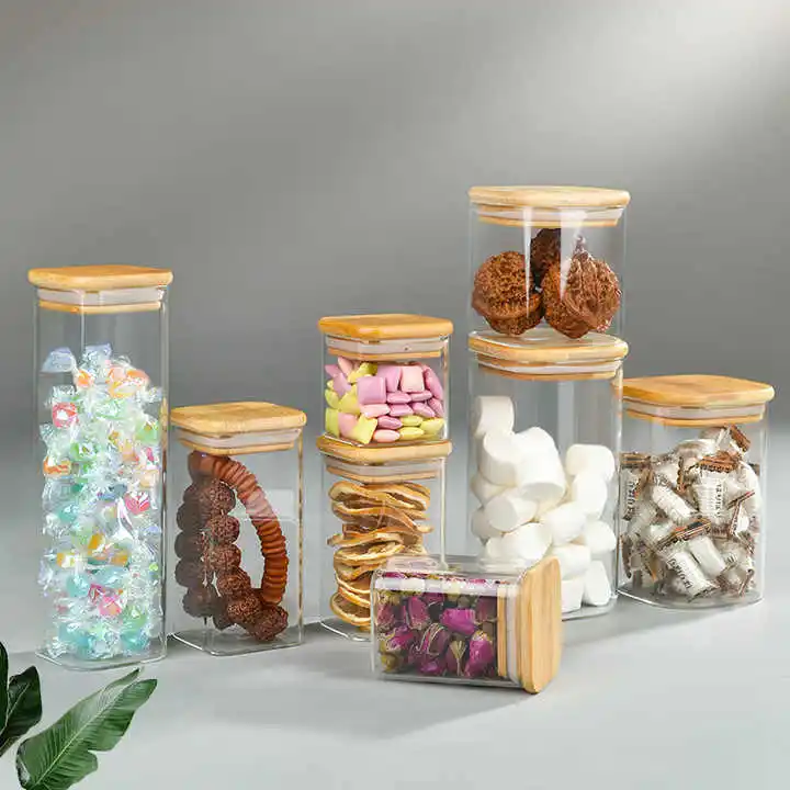 Factory BPA Free Glass Food Storage Jar with Airtight Bamboo Lids for Pasta, Cookies,  Coffee Beans, Cereal, Glass Canisters