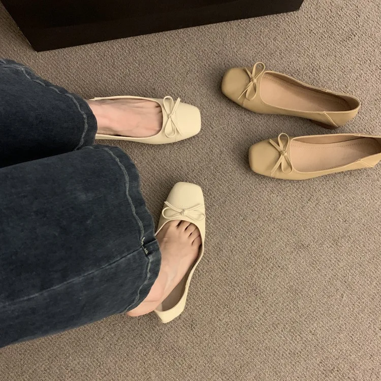 Chunky single 2024 spring and autumn new square head bow French ballet flat shoes for women