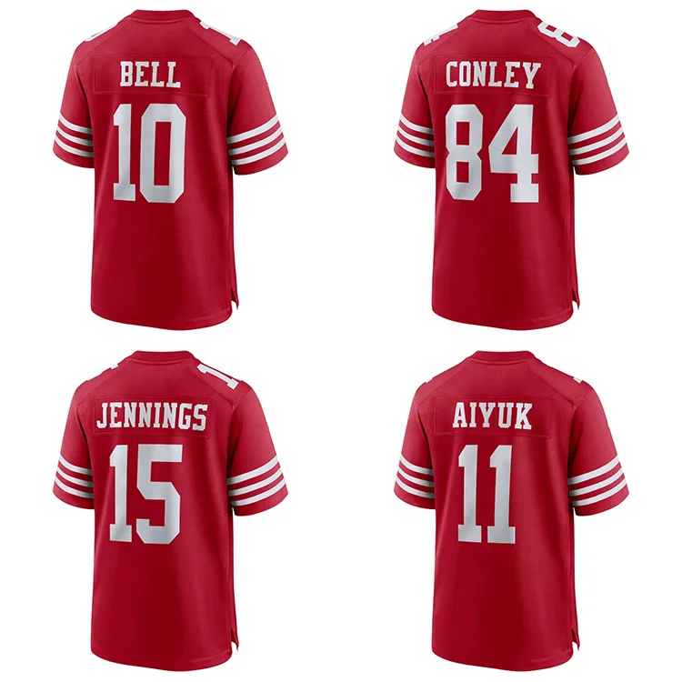 Wholesale 49 American Scarlet Football Jersey WR 11 Aiyuk 10 Bell 18 Conley 15 Jauan Jennings Stitched Jersey