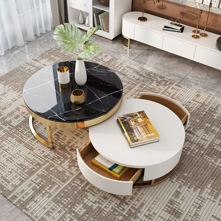 foldable lift top designer decor nesting living room furniture white gold round modern marble luxury coffee table