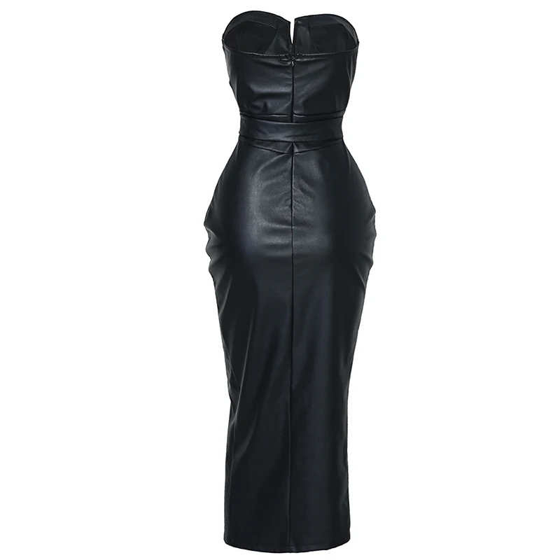 Backless pu leather dress women top split black tight evening dress Sexy night outfit club bottom cut bodycon belted dresses ves