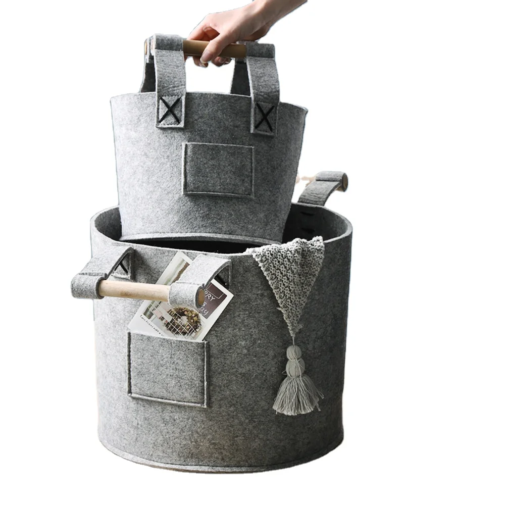 
factory directly sell custom logo grey color Handcraft felt storage basket for living room with handle 