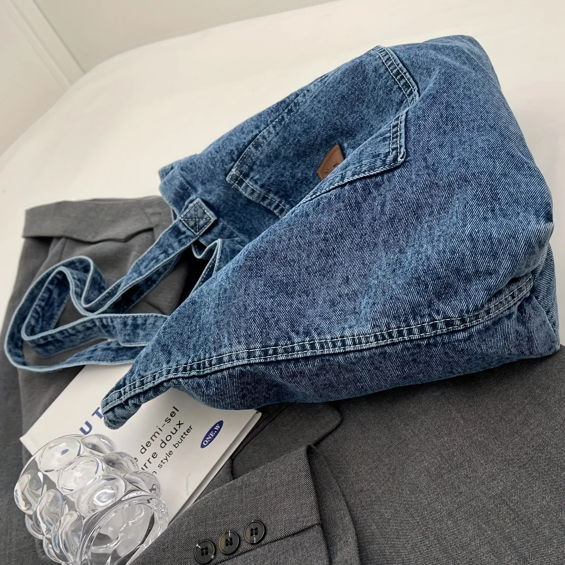 Custom Commuting Large Capacity Fashionable Shopping Jean Shoulder Denim Tote Bag