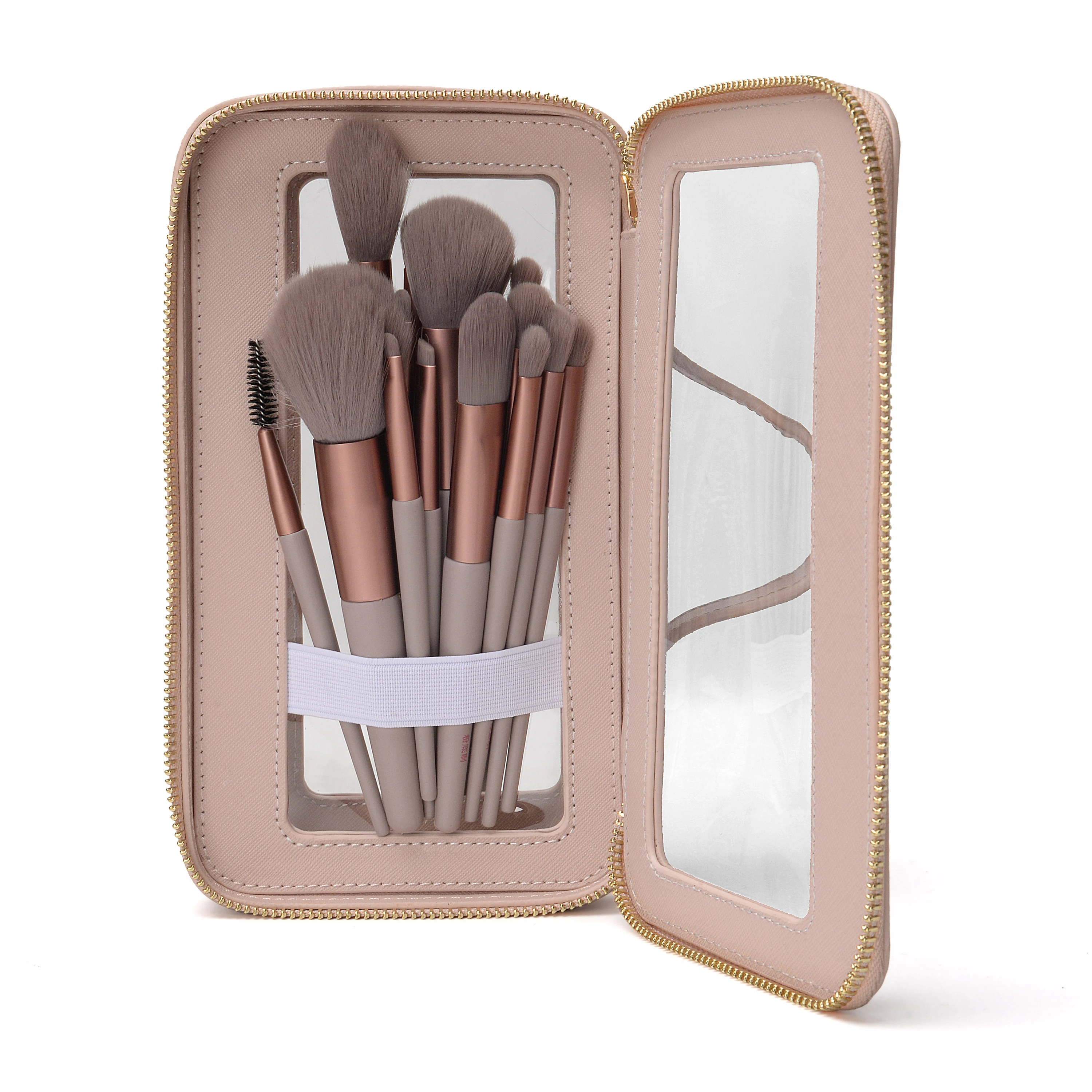 Double layered long bread shape leather makeup bag clear pouch waterproof zipper  bathroom handheld  cosmetic bags & cases