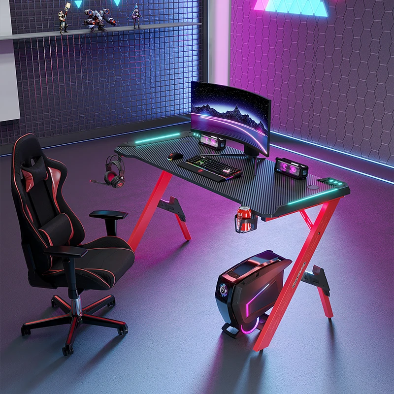 Yz China Manufacturer Wholesale Computer Gaming Gamer Table A Shaped Legs Adjustable Rgb Lights Standing Pc Gaming Desk glass