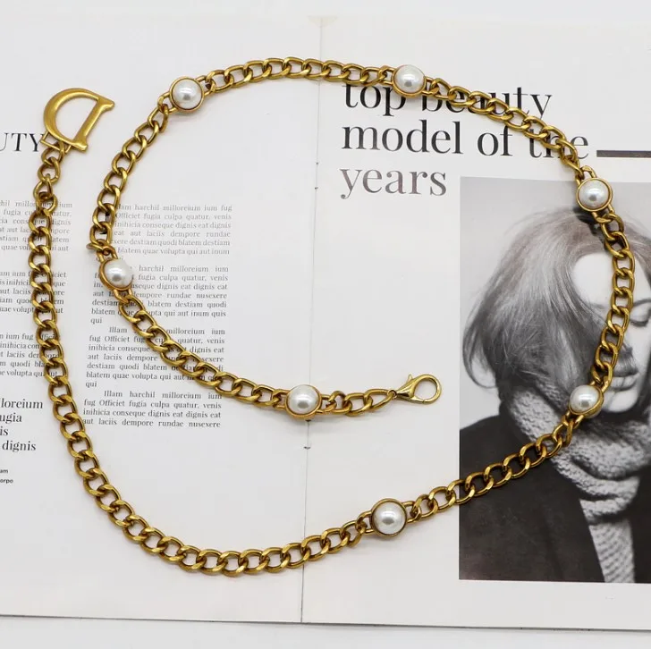 Women Metal Imitation Pearl Beads Thin Waist Chain Belt Adjustable Size Gold Waist Chain Dress Accessories