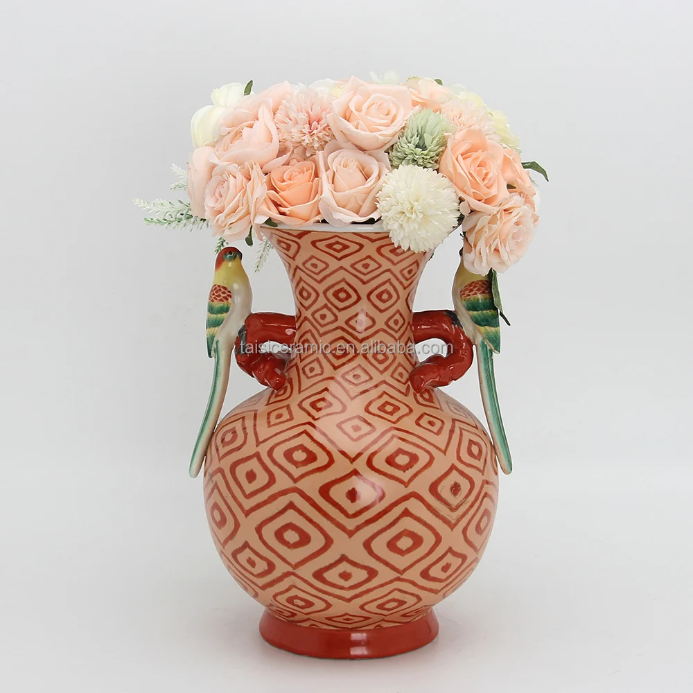 V108 Oriental style bird handle red porcelain vases hand painted chinois antique vase for decoration